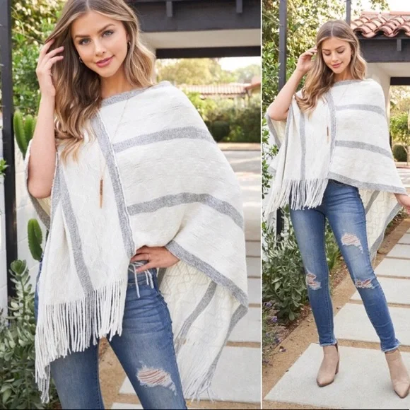 LAST ONE: Women’s fringe tassel striped lightweight summer to fall cute poncho - Picture 1 of 4